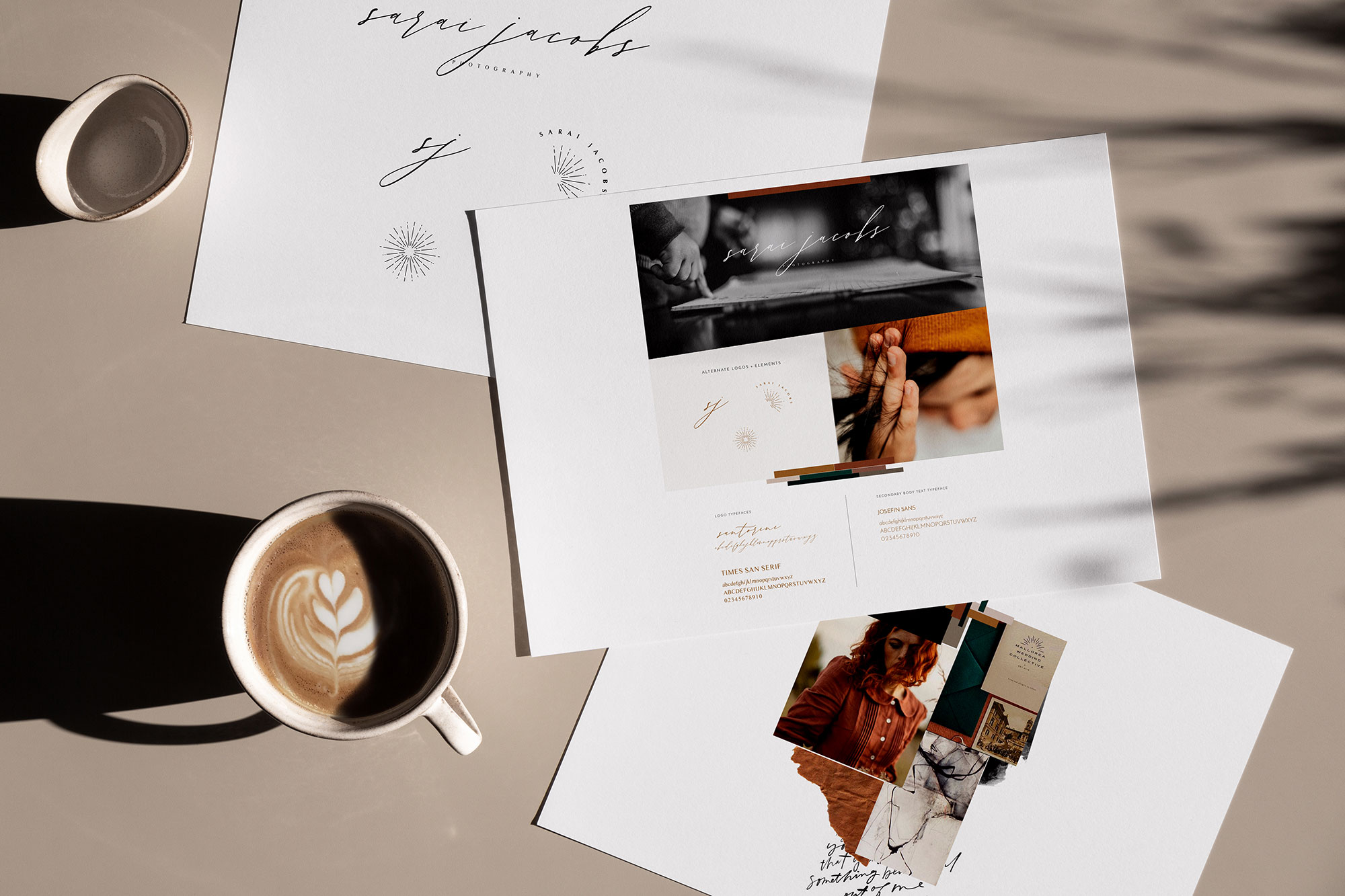 Coffee cup with logo design and mood board paper