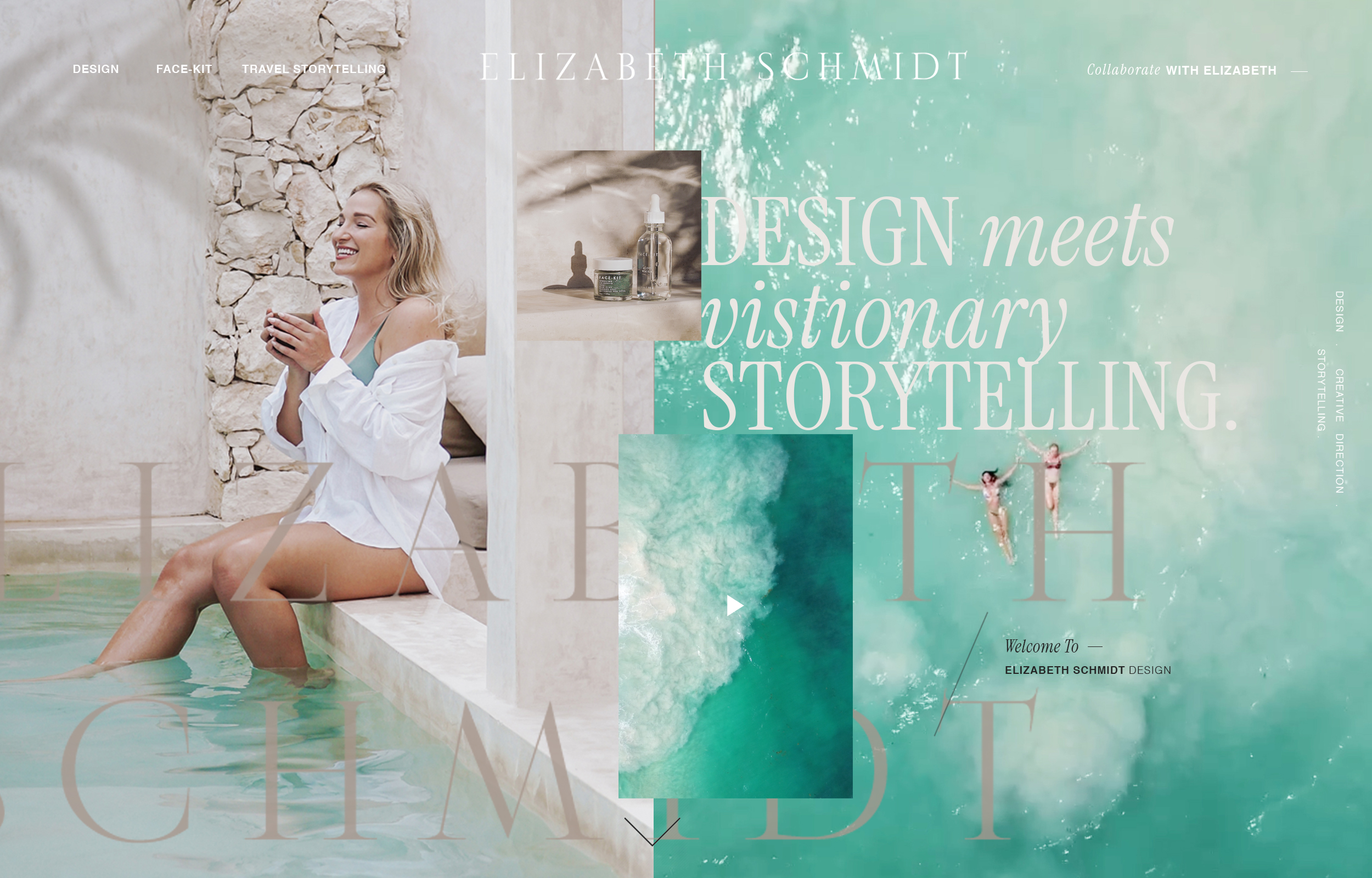 homepage splash page design with teal ocean colors and model in Tulum, Mexico