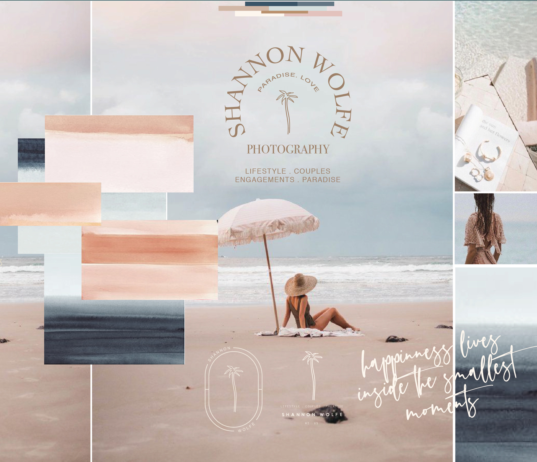 Moodboard design with pink, blue, navy colors and a palm tree logo design with woman sitting under pink beach umbrella